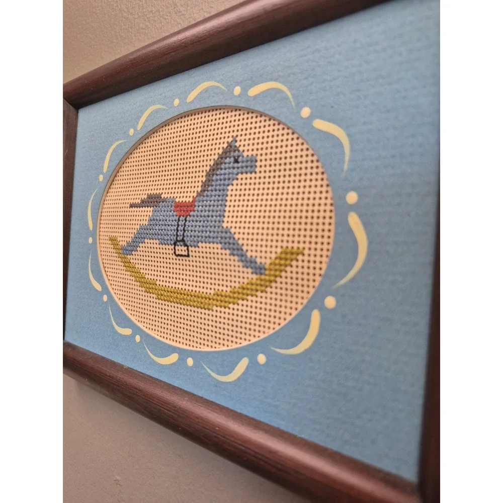 Vintage Rocking Horse Needlepoint Framed Wall Art Wood Frame Nursery Folk Decor